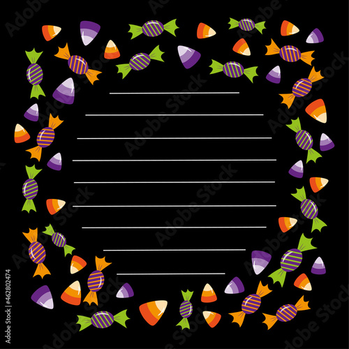 Halloween background. Place for your text. Vector frame with sweets.Trick or treat concept. Creative design for invitation and party. Isloated black background.