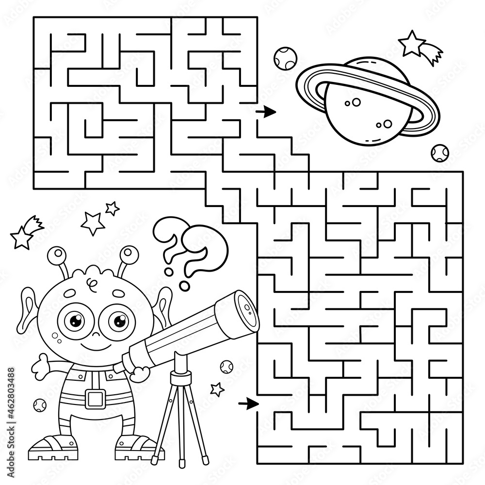 Maze or Labyrinth Game. Puzzle. Coloring Page Outline Of cartoon alien ...