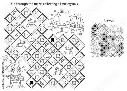 Maze or Labyrinth Game. Puzzle. Coloring Page Outline Of cartoon alien with a flying saucer on a planet in space. Coloring book for kids.
