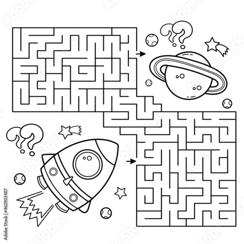Maze or Labyrinth Game. Puzzle. Coloring Page Outline Of cartoon rocket in space. Coloring book for kids.