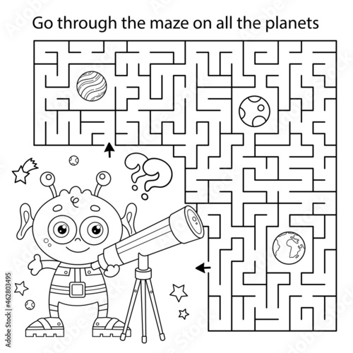 Maze or Labyrinth Game. Puzzle. Coloring Page Outline Of cartoon alien with telescope. Space. Coloring book for kids.