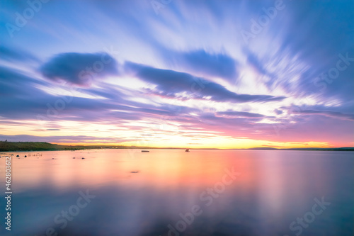 UK, Scotland, Mainland, Long exposure of Loch of Harray at purple sunset