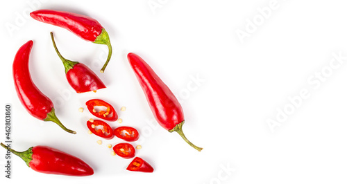 фотографія Hot red peppers as a frame on white, top view, place for text, copy space, flat lay
