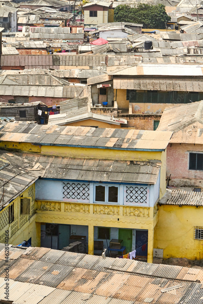Ghana,ÔøΩAccra,ÔøΩCorrugated iron roofs of poor African suburb houses Ghana,ÔøΩAccra,ÔøΩCorrugated iron roofs of poor African suburb houses