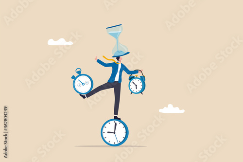 Time management or productivity addiction, work life balance or control work project time and schedule concept, smart businessman balancing all time pieces, sandglass, alarm clock, countdown timer. photo