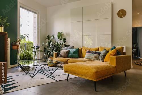 Indoor shot of hygge or scandi style couch in living room, Cologne, Germany photo