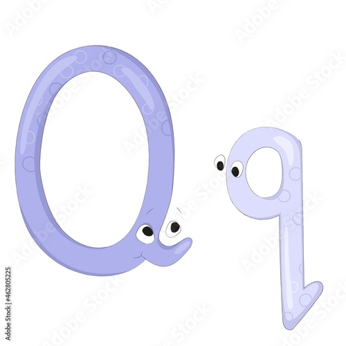 Capital and lowercase letters Qq from the English alphabet in the form of funny and cute cartoon characters of an adult and a baby. Pastel purple colors. Vector illustration