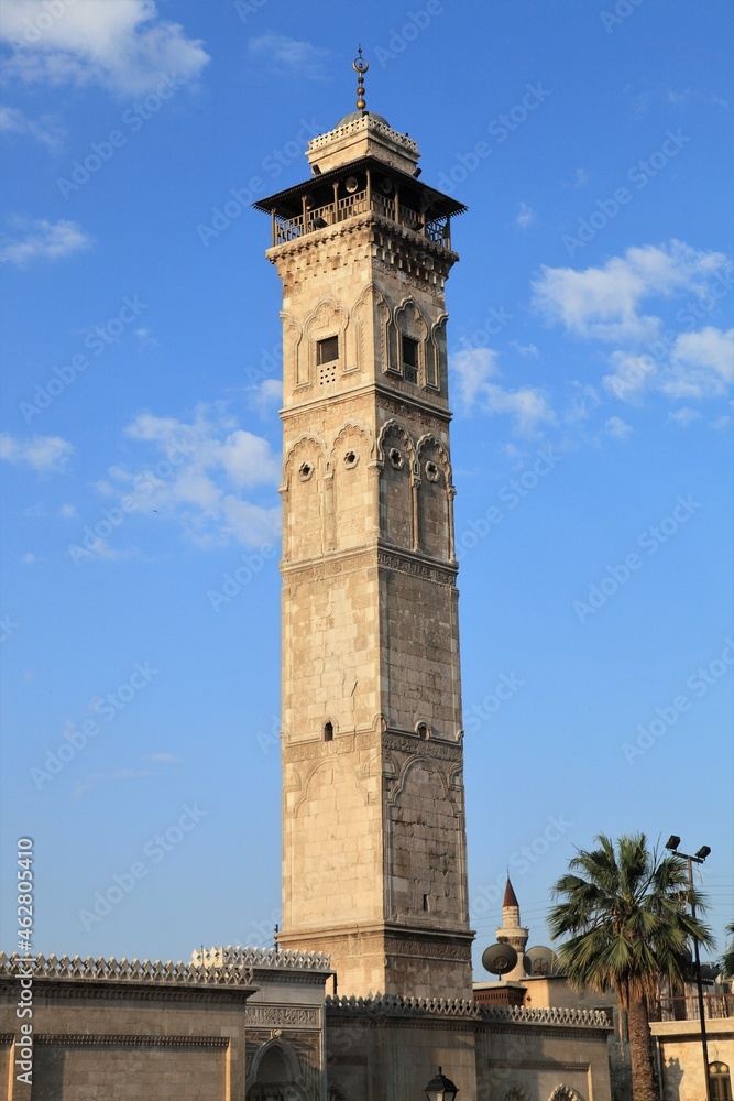 Aleppo Umayyad Mosque. The minaret was built by Meliksah in 1090. The minaret was destroyed in 2013 during the civil war.