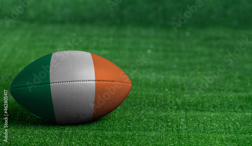 American football ball with Ireland flag on green grass background, close up