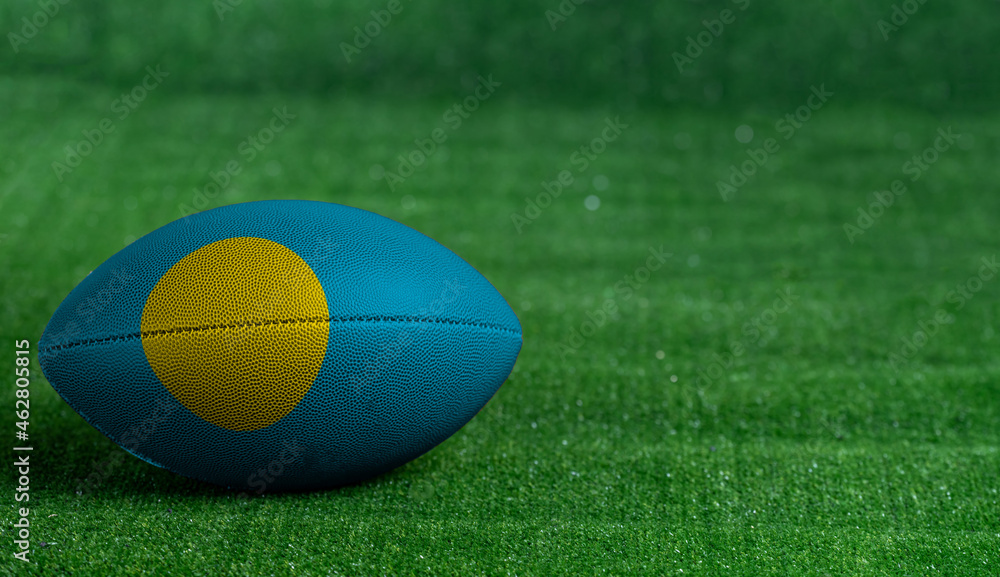 American football ball with Palau flag on green grass background, close up American football ball with Palau flag on green grass background, close up