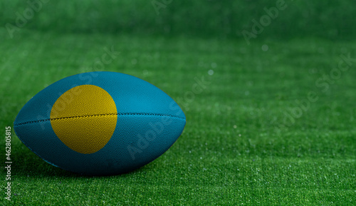 American football ball  with Palau flag on green grass background  close up