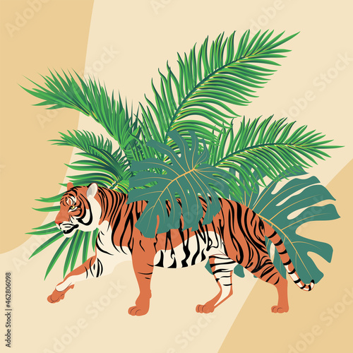 Walking red tiger with tropical leaves