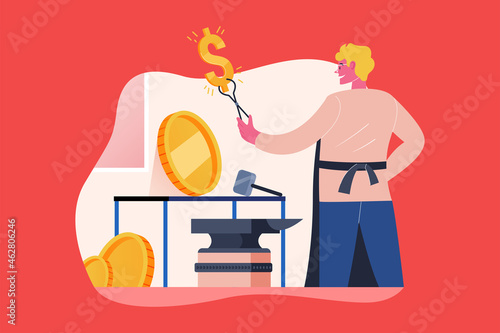 Blacksmith Forging Dollar Coin Currency Symbol Flat Vector Illustration