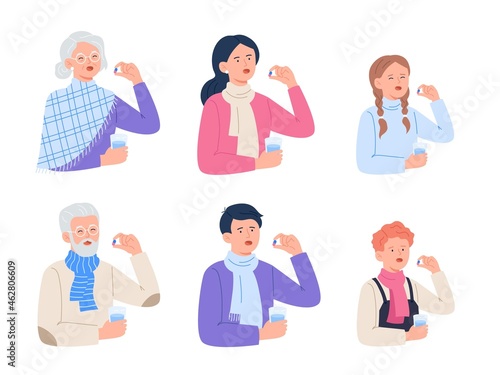 People of different ages drink pills. Medication treatment, pharmacy, and medicine concepts. Set of vector flat illustrations isolated on white background.