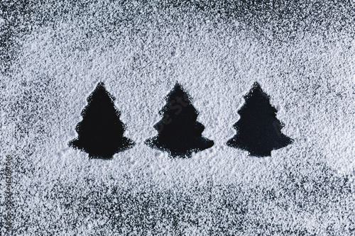 Icing sugar on black background, fir trees photo