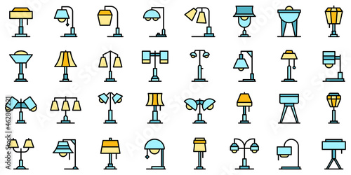 Torchere icons set outline vector. Light lamp. Apartment spotlight