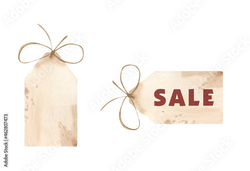 Watercolor tag with stripe and bow and sale lettering. Illustration with empty template for black friday and sales advertising design