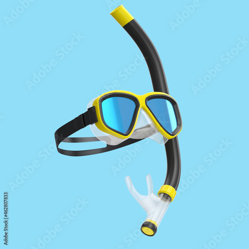 Yellow diving mask and snorkel isolated on a blue background