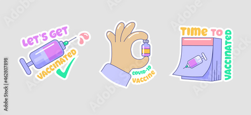 Let us get vaccinated set of cartoon stickers. Coronavirus pandemic immunization campaign icons. Injection, prevention of virus spread, treatment vector illustration