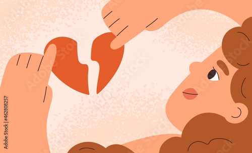Woman with broken heart. Divorce, heartbreak and love relationships break up concept. Symbol of breakup and separation with valentine, split torn parts. Flat vector illustration of heartbroken person
