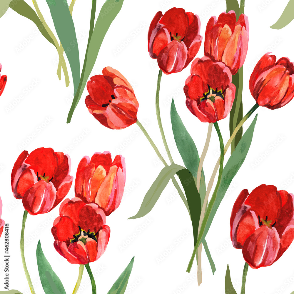 Red tulips bouquets watercolor on white background seamless pattern for all prints. Red tulips bouquets watercolor on white background seamless pattern for all prints.