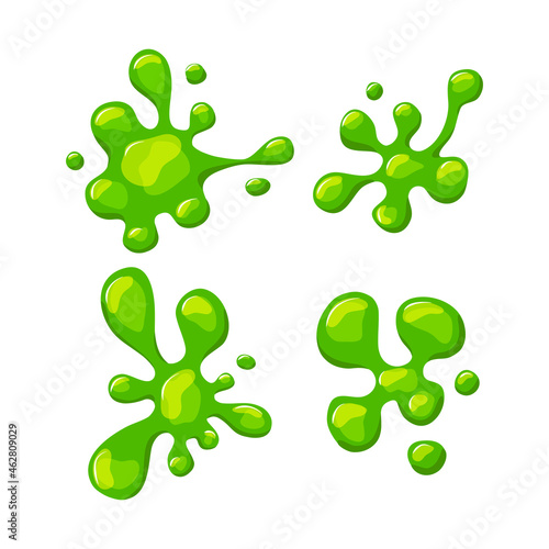 Green slime splashes set on a white isolated background. Goo blob splashes, sticky dripping mucus. Vector cartoon illustration