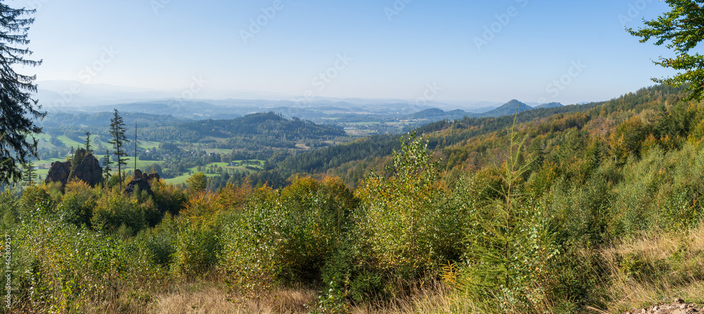 Autumn panorama of the Rudawy Janowickie mountains in Lower Silesia Poland 