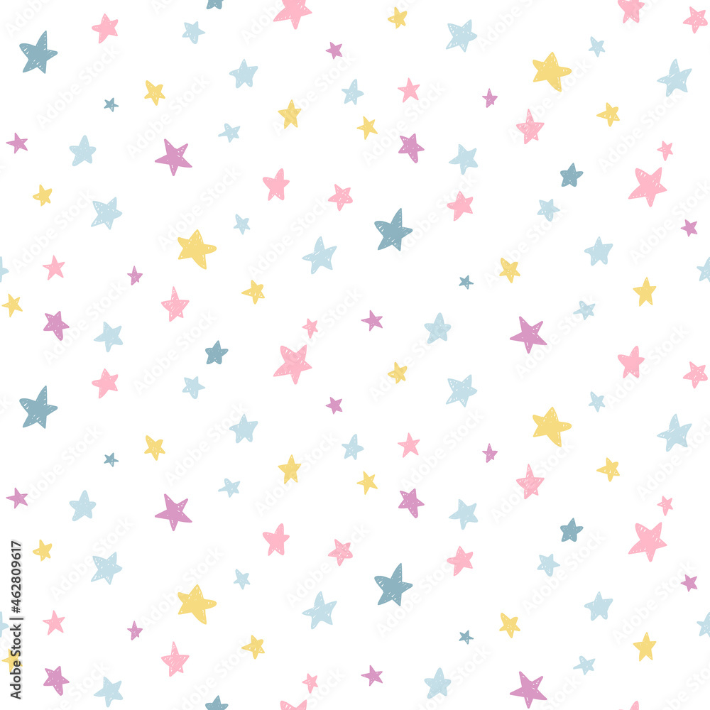 Seamless pattern with multicolored hand-drawn stars on a white background Seamless pattern with multicolored hand-drawn stars on a white background