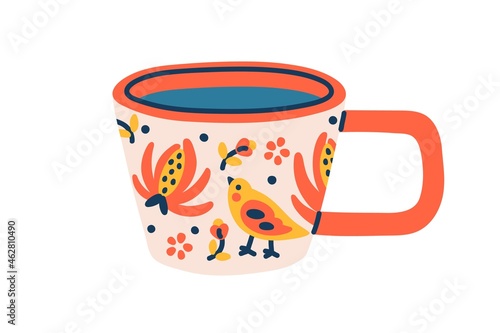 Modern ceramic tea cup. Porcelain coffee mug with floral pattern and handle. Trendy drink crockery in doodle style. Colored flat vector illustration of teacup isolated on white background