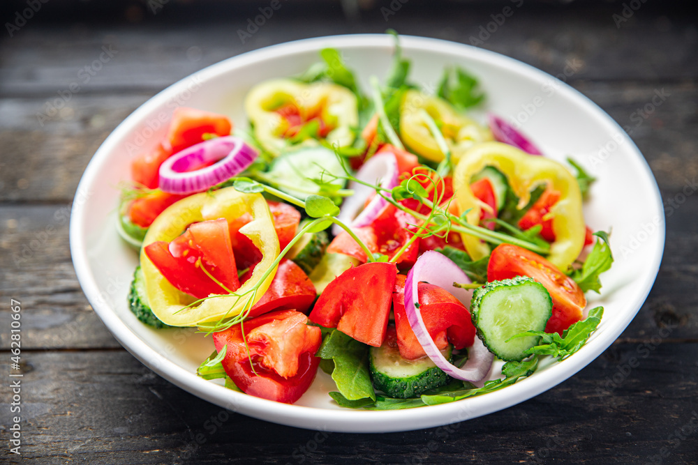 fresh salad vegetable tomato, cucumber, pepper, onion, olive oil healthy veggie meal snack on the table copy space food background fresh salad vegetable tomato, cucumber, pepper, onion, olive oil healthy veggie meal snack on the table copy space food background