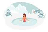 female Character Swimming in Ice. Healthy lifestyle challenge, sport activity concept. Hole in Winter Season. Woman Temper, Healthy Lifestyle Challenge, Sports Activity. Vector Illustration landscape