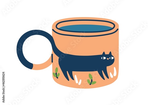 Modern ceramic tea mug in doodle style. Coffee cup with cute cat painting and handle-tail. Funny drink crockery. Teacup with animal decor. Flat vector illustration isolated on white background