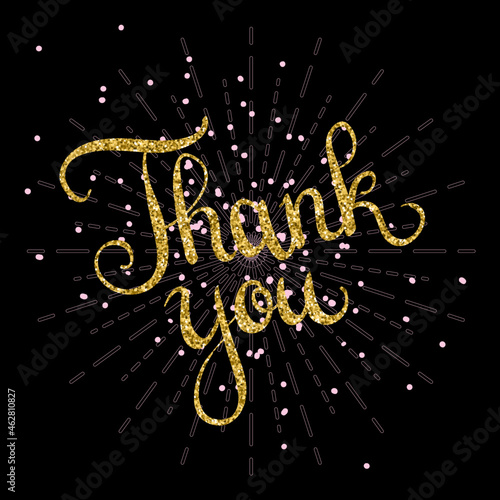 Glittering Thank You Greetings Wth Pink Dots And Sunburst