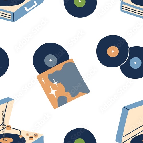 Music vinyl records pattern. Seamless retro background with gramophone discs and old turntable players. Endless texture with repeating print. Flat vector illustration for wrapping and decoration