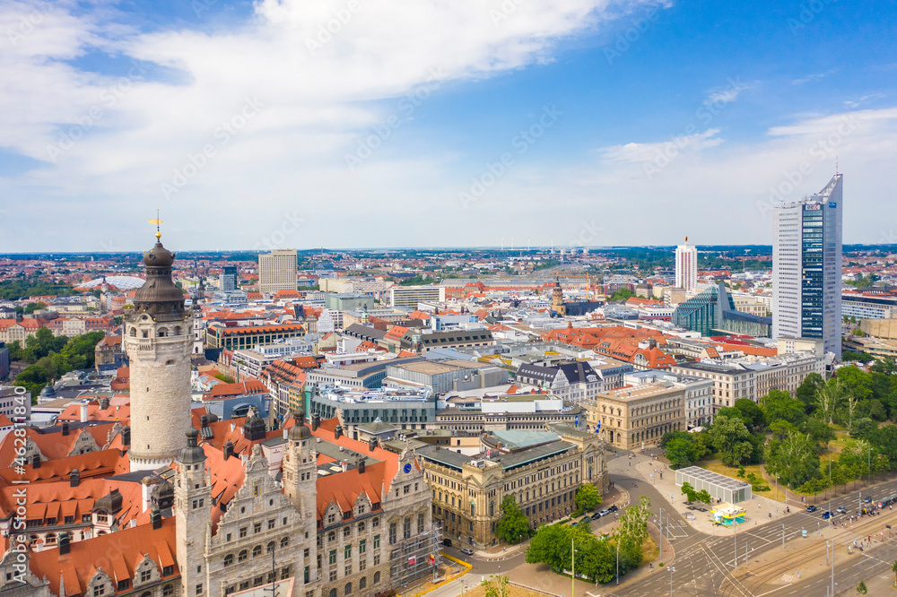 High angle view of New Town Hall in Leipzig city against cloudy sky High angle view of New Town Hall in Leipzig city against cloudy sky