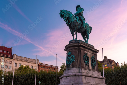 Low angle view of Charles X Gustav statue against sky during sunset, Malmo, Sweden photo