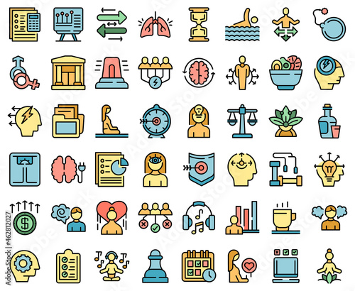 Coping skills icons set outline vector. Stress love. Meditation anxiety
