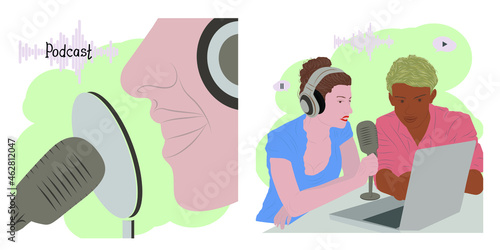 Set of smiling man listening and recording audio podcast or online show vector flat illustration. 