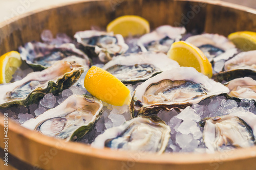 a dozen oysters on ice with lemon
