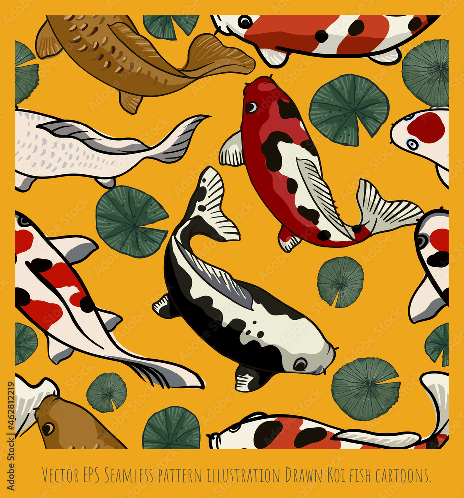 Naklejka premium Vector Seamless pattern group of drawn Koi fish cartoons.