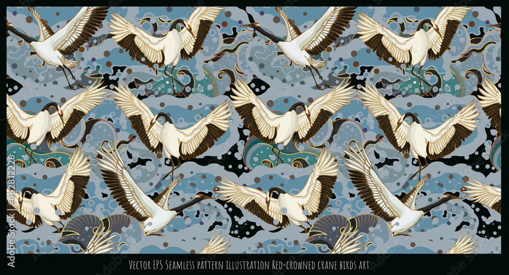 Fototapeta premium Seamless pattern Japanese Red-crowned crane birds art.