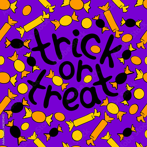 Vector frame made of sweets with the inscription-Trick or treat in flat style. Festive border, title for greeting card, invitation, party poster.