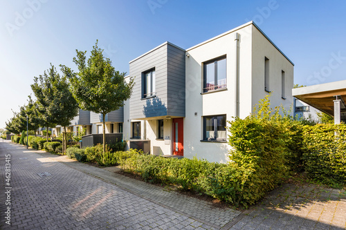 Cobblestone street along row of suburb houses photo