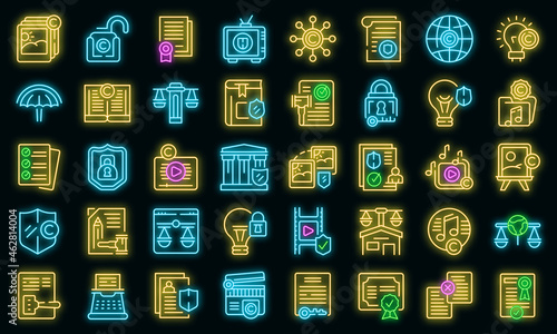 Copyright law icons set outline vector. Author contract. Commercial rights