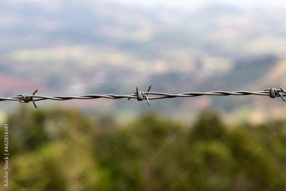 barbed wire fence with blurred nature background. barbed wire fence with blurred nature background.