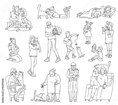People of different ages with not pedigreed cats. Characters hug and take care of their favorite pets. Outline doodle isolated black white vector illustrations.