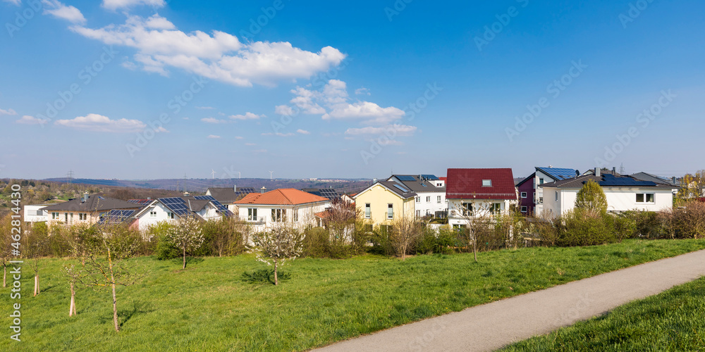 Germany, Aichschiess, development area, modern one-family houses with solar collectors