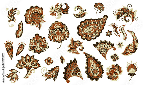 Vector set of isolated traditional Indian Paisley and Flowers