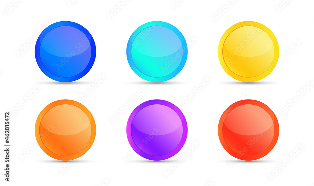 Set of colorful glossy round buttons on white background. Blank button for website and mobile apps. Vector illustration. Set of colorful glossy round buttons on white background. Blank button for website and mobile apps. Vector illustration.