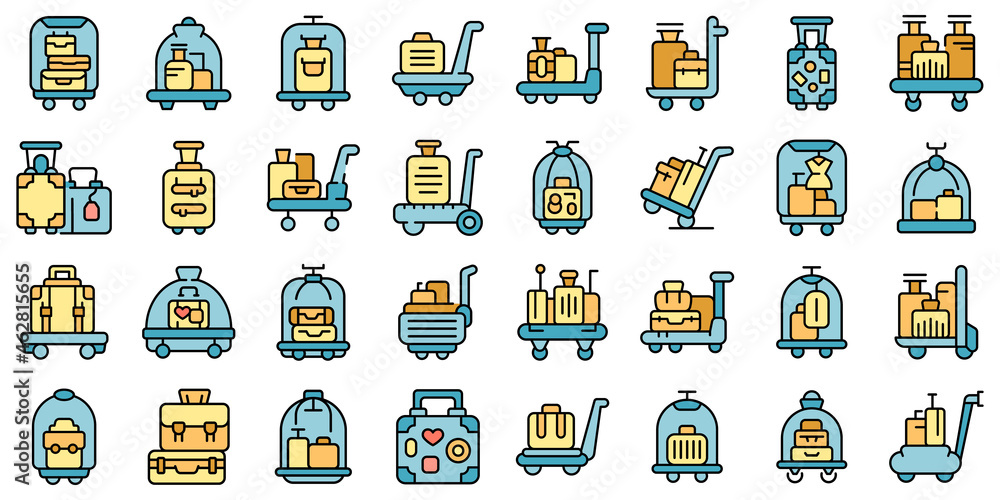 Luggage trolley icons set outline vector. Carriage suitcase. Travel bag Luggage trolley icons set outline vector. Carriage suitcase. Travel bag